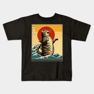 Catzilla Funny Cat Vintage Japanese Art Cat Owner Cat Lover Kids T-Shirt